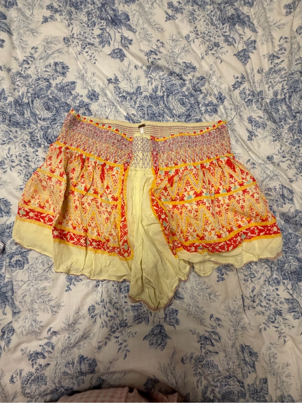 Free People Yellow Smocked High-Waist Boho Shorts with Red Trim